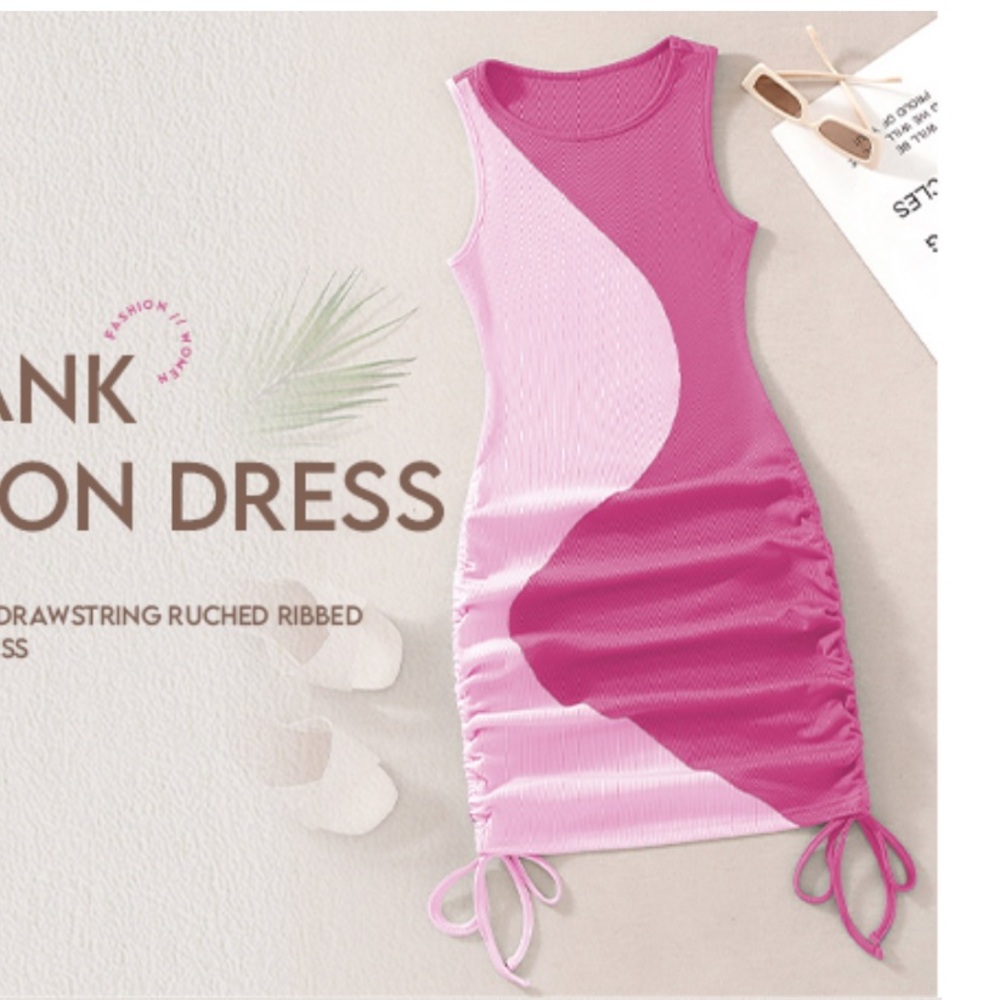 Verdusa Women's Color Block Drawstring Ruched Ribbed Mini Tank Bodycon Dress